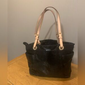 Michael Kors Black Snakeskin Leather Tote With Interior Black Silk MK Lining